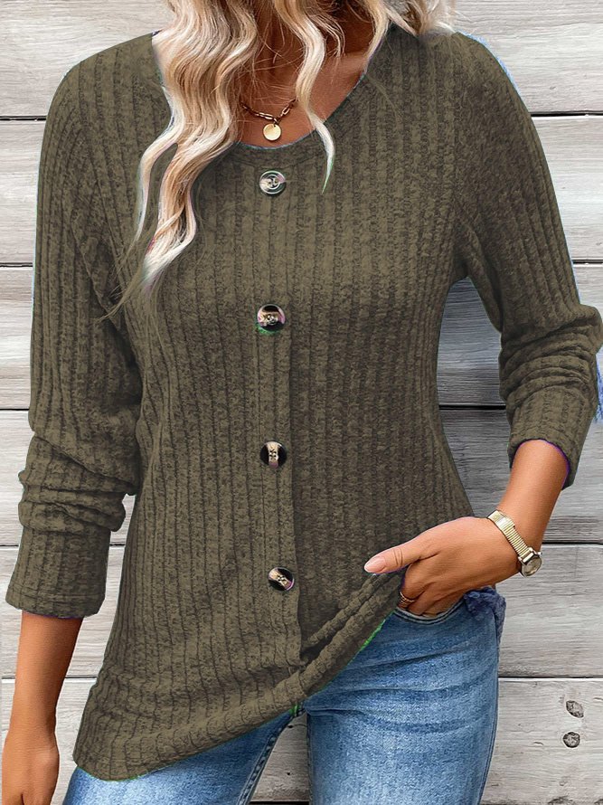 Damen Langarm T-Shirt Frühling/Herbst Blau Unifarben Schnalle Rundhals Täglich Ausgehen Lässig Oberteile
