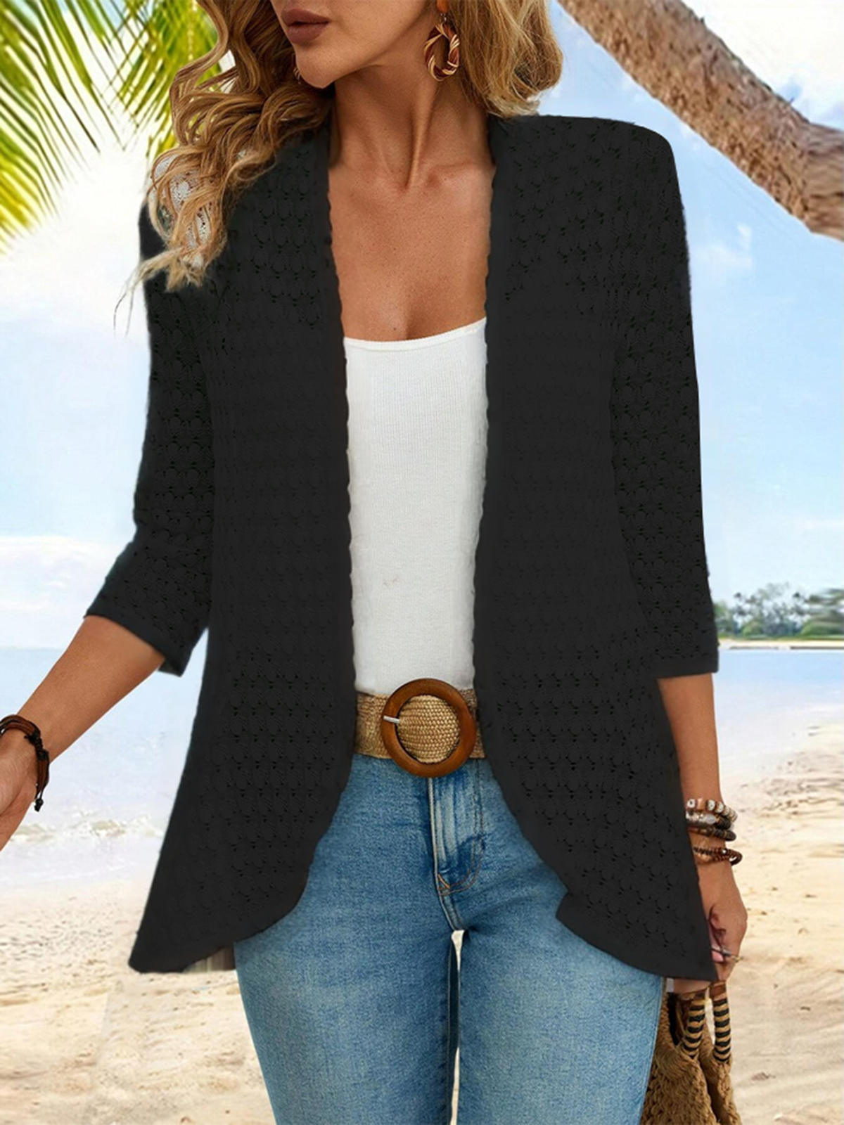 Unifarben Jacquard Urlaub Weit Poncho