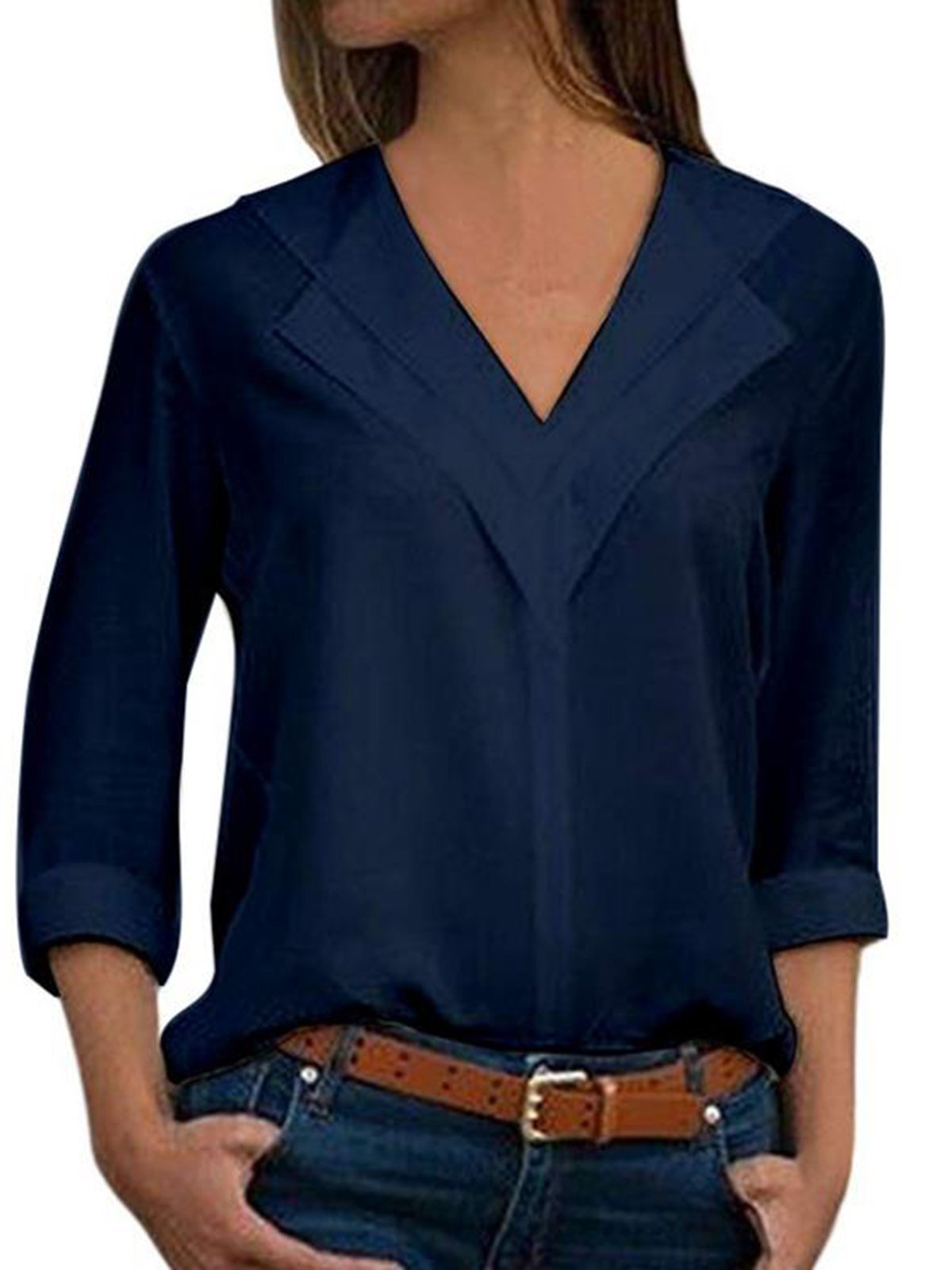 Unifarben Basic V-Ausschnitt-Bluse mit Langarm Große Größen Herbst