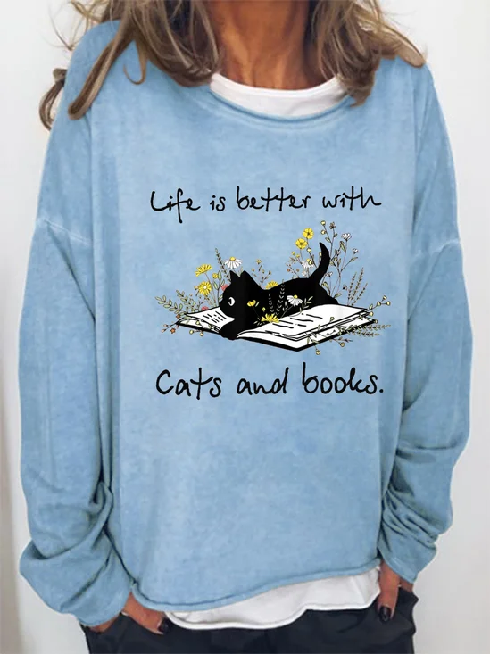 Katze Buch Bluse für Damen Leben ist besser Mit Katzen und Bücher Einfach Sweatshirt