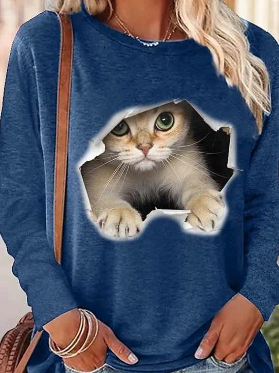 Damen Lustig 3D Katze Print Rundhals Oberteile