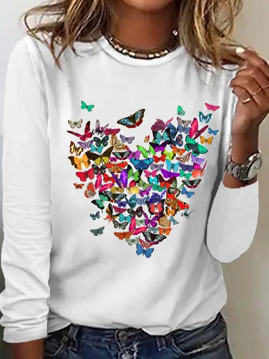 Damen Schmetterling Herz Lässig Rundhals Oberteile