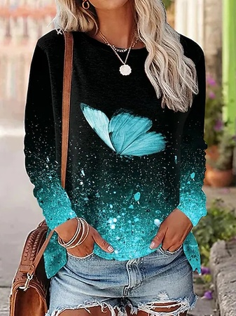 Schmetterling Lässig Weit Rundhals T-Shirt