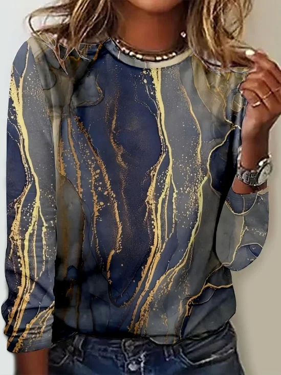Damen Kunst Print Rundhals Abstrakt Regelmäßige Passform Lässig Bluse