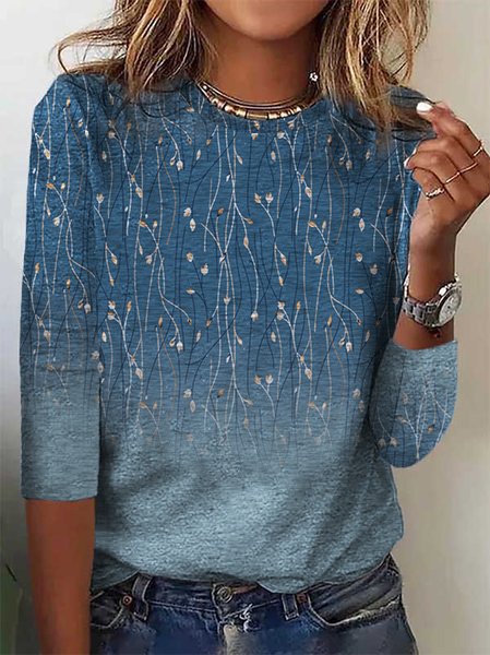Geblümt Weit Lässig Gestrickt T-Shirt Langarmshirt