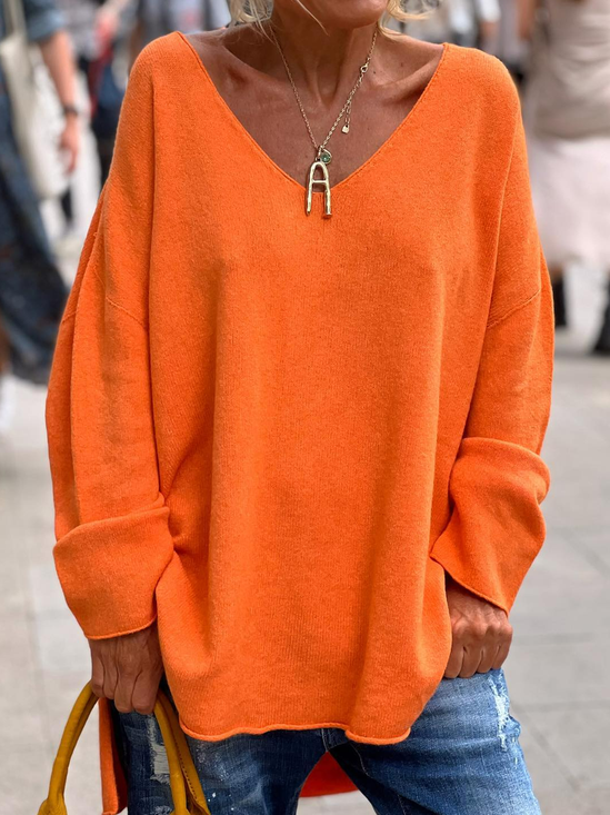 Lässig V Ausschnitt Weit Unifarben  Pullover