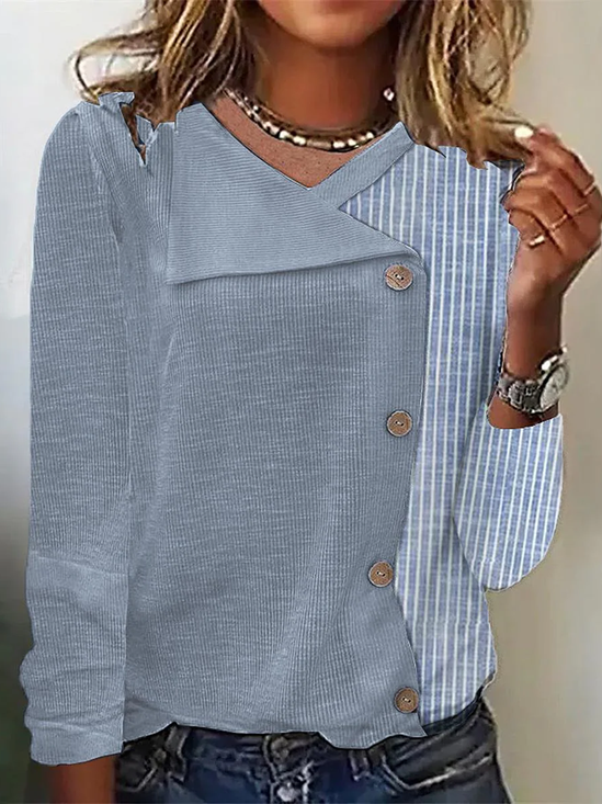 Schalkragen Lässig Gestreift T-Shirt
