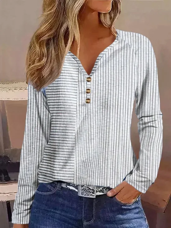 Lässig Gestreift Weit V-Ausschnitt T-Shirt