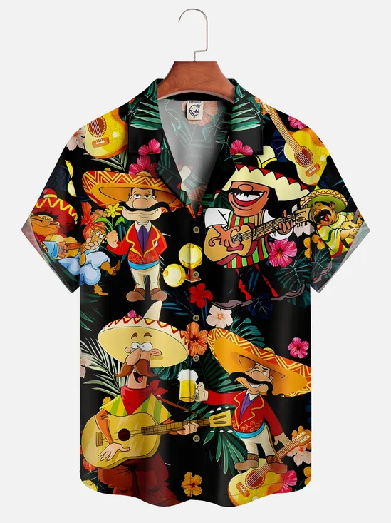 Mexikaner Kultur Sombrero Gitarre Bier Kurzarm Aloha Bluse