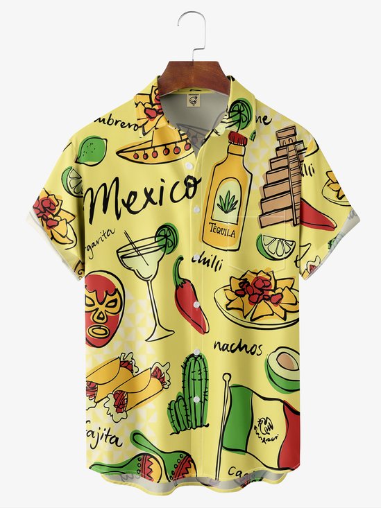 Mexikaner Tacos Brusttasche Kurzarm Hawaiische Bluse