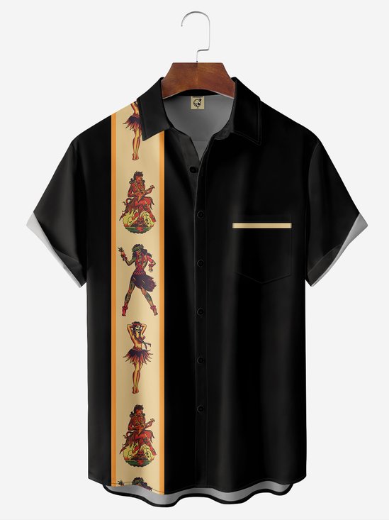 Hula Mädchen Brusttasche Kurzarm Bowling Bluse