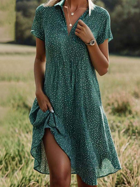 Damen Kurzarm Sommer Polka Dots Maxikleid Hemdkragen V-Ausschnitt Ausgehen Lässig A-Linien Midikleid Grün blau Rot
