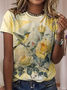 Damen Gelb Geblümt Vogel Einfach Weit T-Shirt